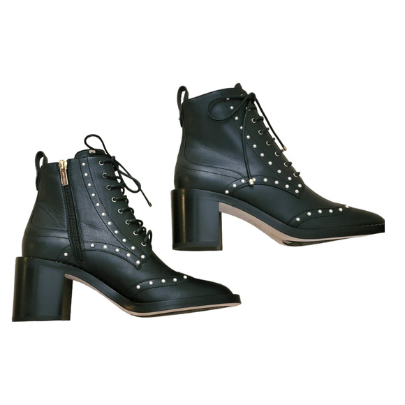 Jimmy Choo Hanah 65 Black Leather Pearl Studded Lace-Up Combat Boots 38 / US 8 - Picture 4 of 11